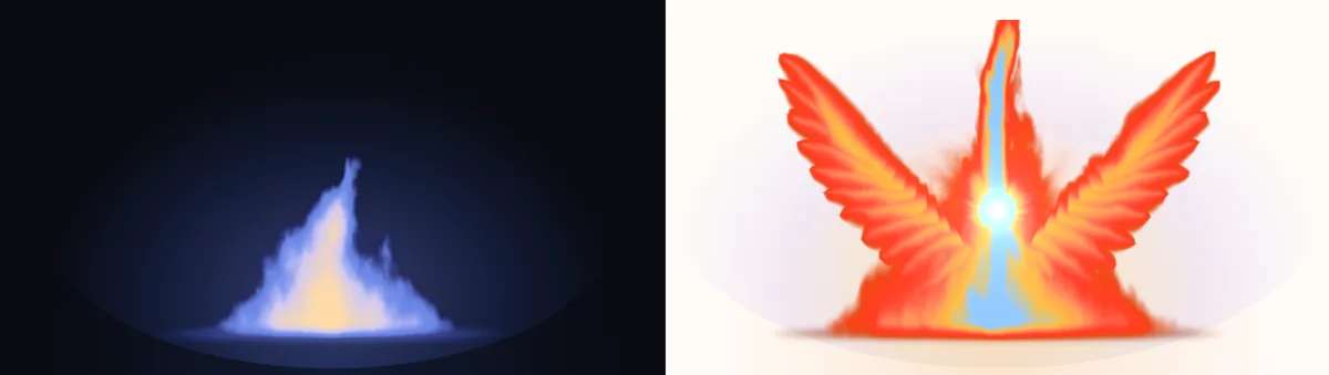 A la izquierda, la llama amable: un fuego azulado y cálido sobre fondo oscuro. A la derecha, el Fénix en modo claro, con el núcleo en oro y las alas en rojo vivo sobre papel claro