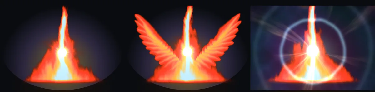 Las tres últimas fases de la llama: la Corona, con una estrella en el corazón del fuego; el Fénix, con dos alas de pájaro que nacen de la llama; y la Supernova, con ondas de luz y una nebulosa