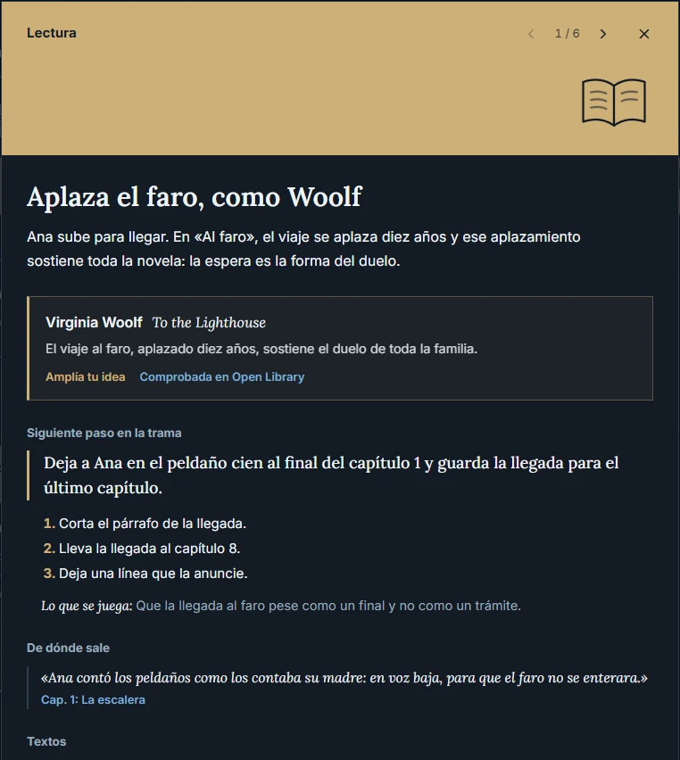 Una tarjeta de Lectura abierta: el texto, la fuente comprobada en Open Library, el siguiente paso con tres pasos numerados, lo que se juega y la cita de la que sale.