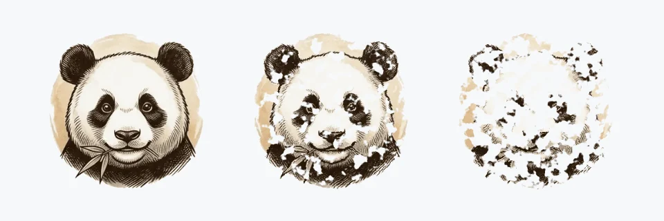 Tres momentos de la animación de carga: el panda grabado a tinta entero, empezando a disolverse en manchas y casi deshecho.