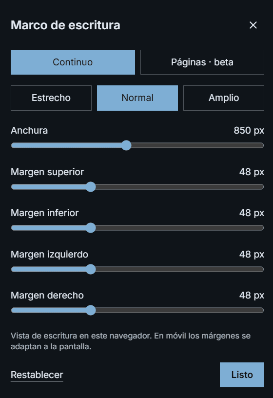 Panel «Marco de escritura» con los modos Continuo y Páginas (beta), los anchos Estrecho, Normal y Amplio, y los controles de anchura y de los cuatro márgenes.