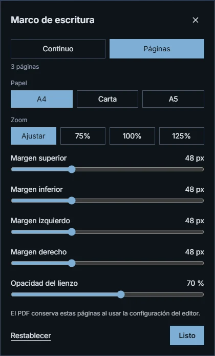 Panel «Marco de escritura» en modo Páginas: 3 páginas, papel A4, Carta o A5, zoom Ajustar, 75 %, 100 % o 125 %, los cuatro márgenes y la opacidad del lienzo al 70 %.