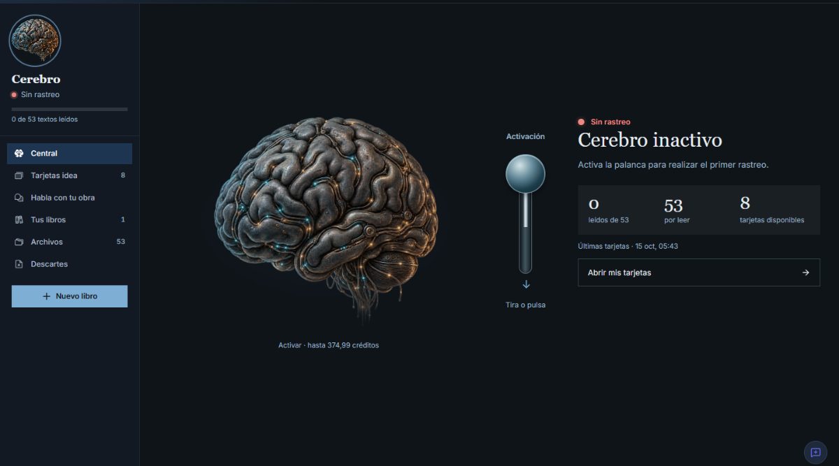 La Central del Cerebro: a la izquierda el cerebro con su palanca; a la derecha el estado, las cifras de textos leídos y el siguiente paso.