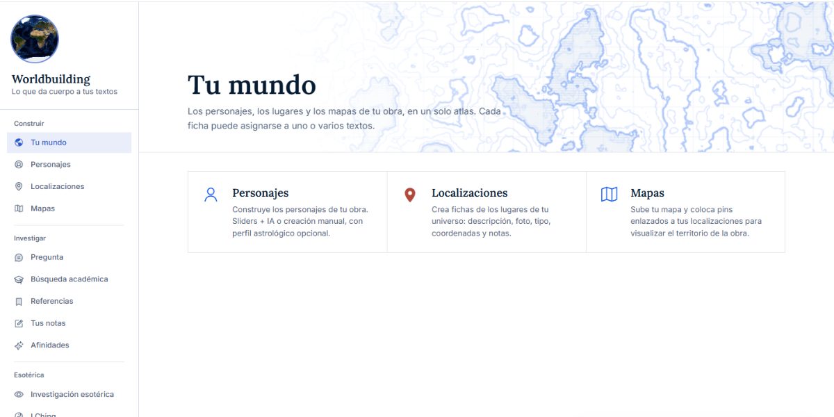 Worldbuilding con barra lateral: Construir (Tu mundo, Personajes, Localizaciones, Mapas), Investigar y Esotérica.