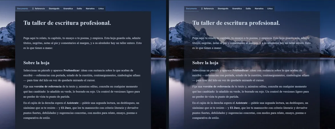 La misma hoja del editor dos veces sobre el entorno Lago alpino: a la izquierda opaca, a la derecha con el lago y las montañas visibles a través del texto.