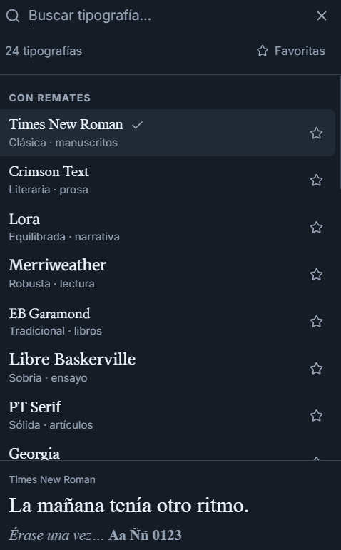 Selector de tipografías con buscador, 24 tipografías, favoritas, el grupo «Con remates» y una vista previa de Times New Roman.