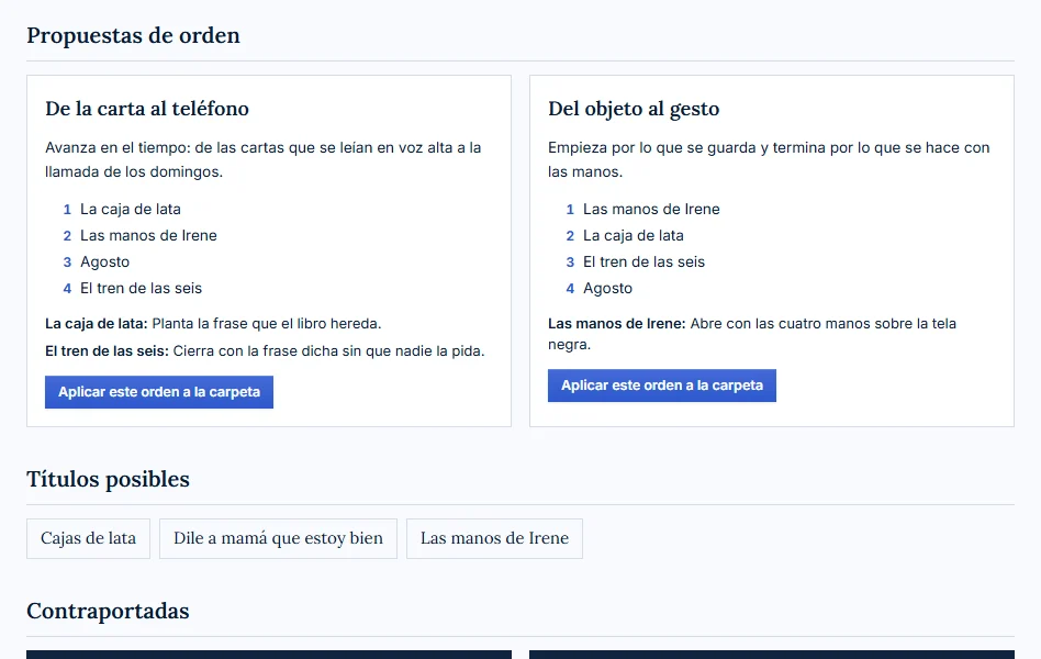 Composición del libro de ejemplo: dos propuestas de orden de cuatro relatos, cada una con su razonamiento y el botón «Aplicar este orden a la carpeta», y debajo tres títulos posibles.