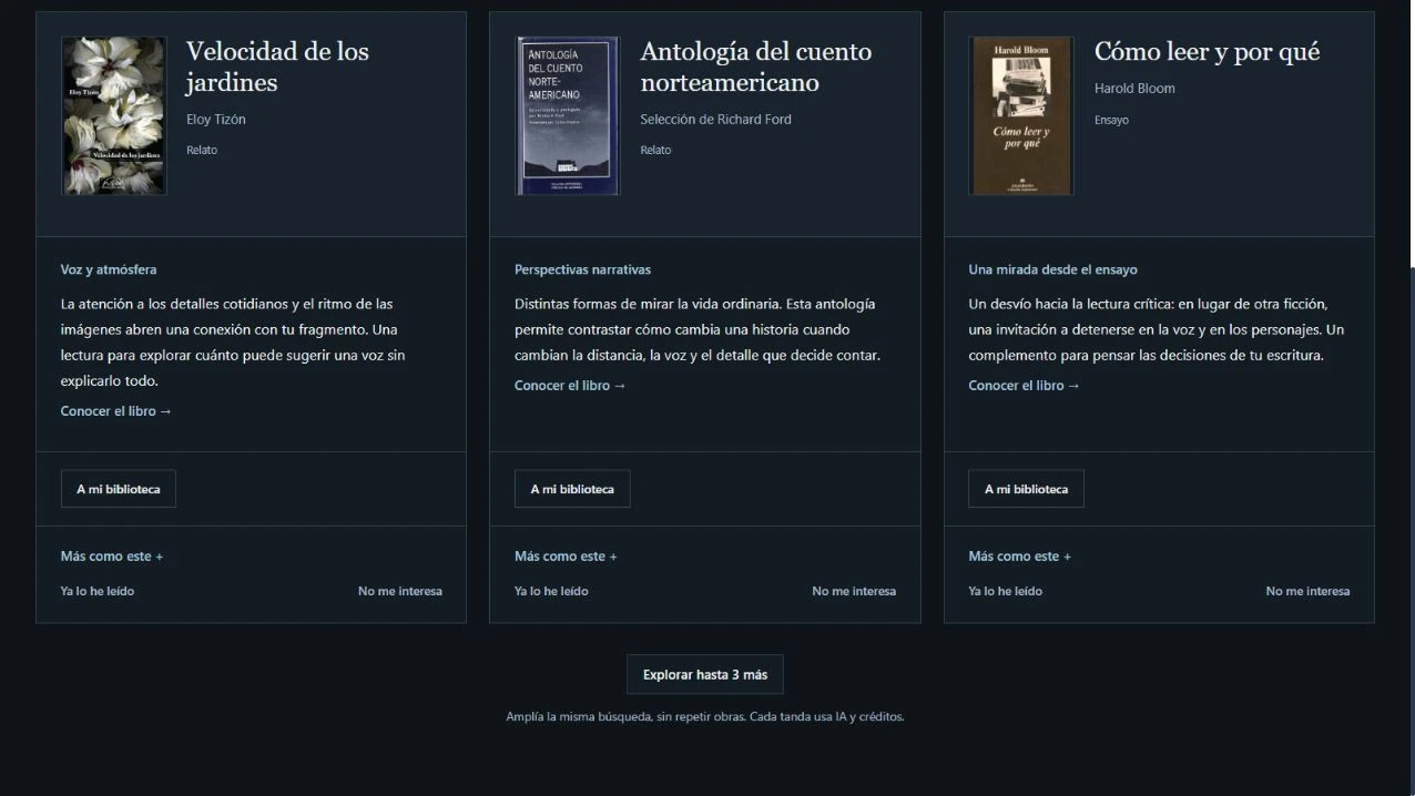 Resultados de Afinidades: tres libros con su conexión literaria y las opciones A mi biblioteca, Más como este y Ya lo he leído.