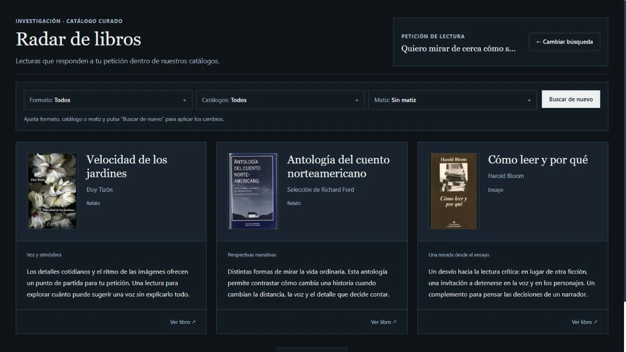 Radar de libros con filtros de formato, catálogos y matiz, y tres recomendaciones explicadas con enlaces para ver cada libro.